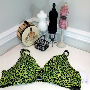 Swim by Cacique Neon Green Leopard Print Lightly Lined Plunge Swim Top NWT